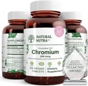 Natural Nutra GTF Chromium Polynicotinate con ChromeMate, Supporta il metabolismo del corpo, Supporta la salute del cuore, Mantenere il livello grasso corporeo, Migliorare la digestione, Salute cardiovascolare, 200 mcg, 120 compresse vegane