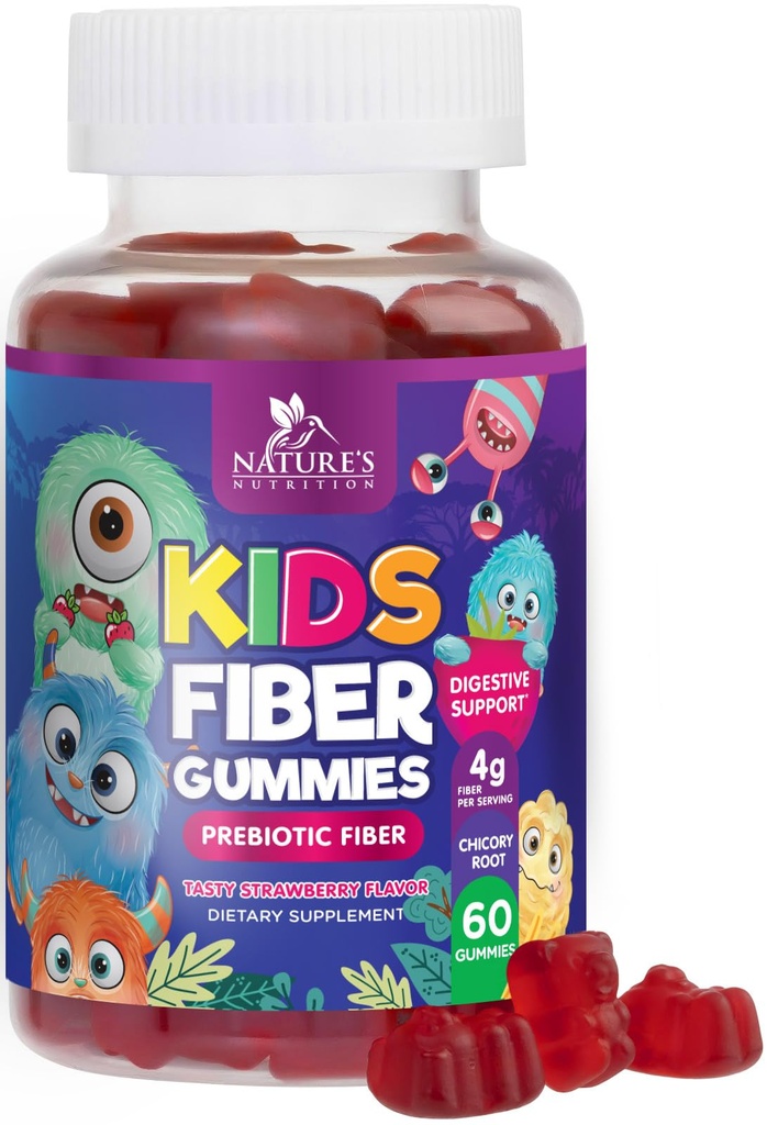 Gummie di fibre per bambini, supplemento giornaliero di fibra gommosa da 4g, supporto per la salute digestivo prebiotico - fibra solubile basata sulle piante della natura, supporta la regolarità e la digestione per i bambini non OGM - 60 Gummies