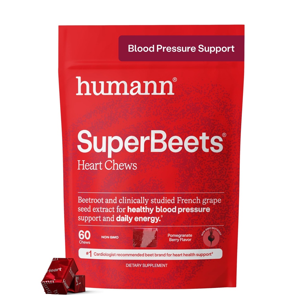 Humann SuperBeets Cuciture cardiache, Polvere di radice di barbabietola supporto energetico, ossido nitrico e supporto della pressione sanguigna, estratto di semi di uva e non OGM, salute del cuore, aroma di bacche di melograno, 60 conte