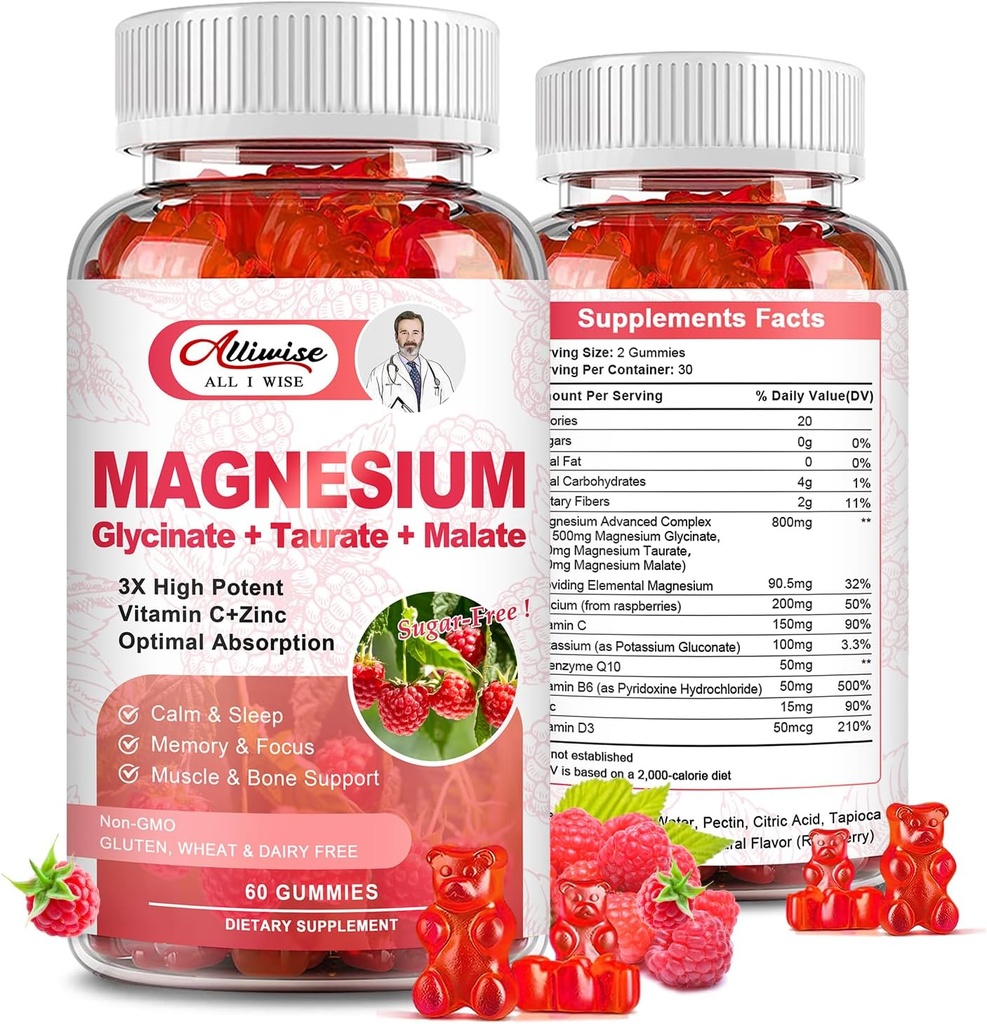 Magnesio Supplemento complesso Gummies, Magnesio senza zucchero Glycinate 500mg per adulti e bambini, con Taurate 200mg, Malate, Calcio, COQ10, Multivitaminico per il sonno, Cuore e Salute
