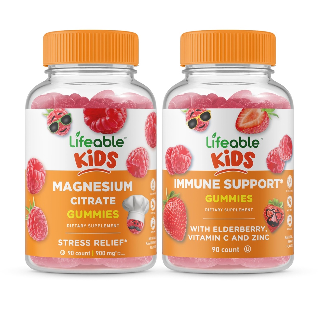 Bambini di Magnesio Lifeable + Supporto Immune Bambini, Gummies Bundle - Grande Degustazione, Supplemento di vitamina, Senza glutine, OGM libero, pancia masticabile