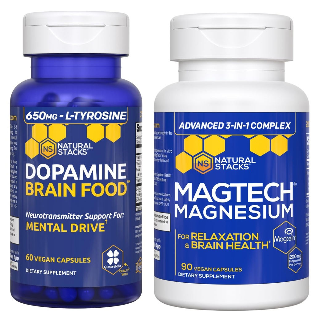 NATURAL STACKs Dopamine Brain Food + Magtech Magnesium Bundle - Chelated Magnesium Complex - Supporta la salute del cervello e l'azionamento mentale* - 150 capsule totali
