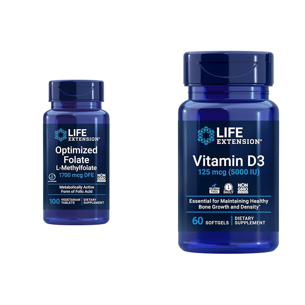 Estensione di vita Ottimizzato Folate Cuore & Brain Support Tablets e Vitamina D3 Bone, Brain & Immune Health Softgels - 100 compresse, 60 Softgels