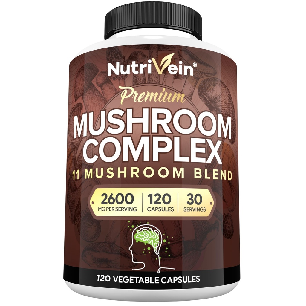 Nutrivein Premium Mushroom Supplemento 2600 mg- Bottiglia 120 capsule- 11 Nootropic Mushroom Complex - Lion's Mane, Cordyceps, Chaga, Reishi, Turchia Tail, Maitake, Shiitake, Agaricus, Pulsante bianco, Oyster