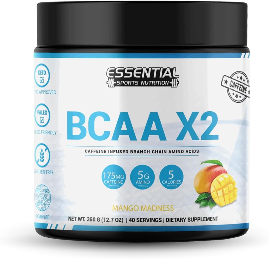 BCAAs con 175mg di caffeina | 40 Serving | Keto-Approved, Non OGM, Gluten Free Supplement | Peach-Mango Flavor