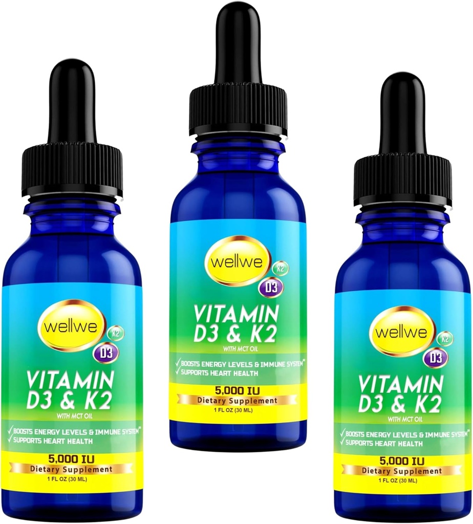 Liquid Vitamina D3 K2 Gocce con olio MCT 5000 IU - Vegan, senza gusto, senza odori, senza soia, senza glutine, senza glutine, non OGM, 1000 IU per goccia, Boosts Energy & Immune System (3 Pack)
