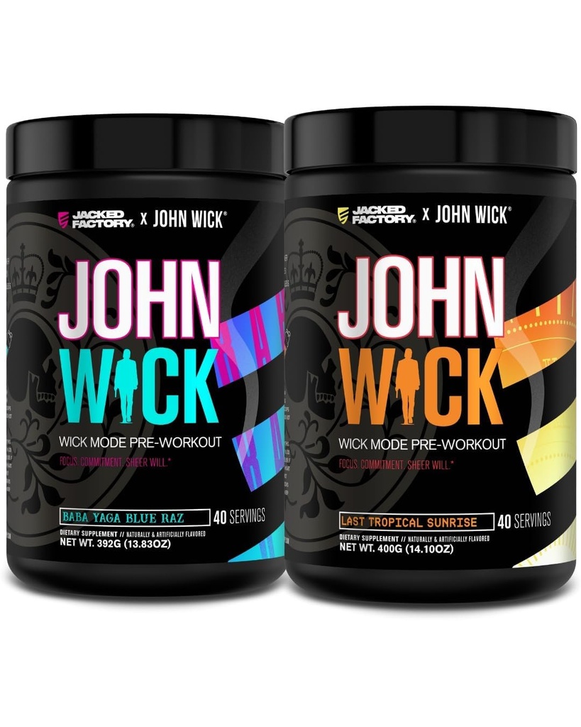Jacked Factory X John Wick - Wick Mode Pre Workout Powder - Intense Energy, Battle-Ready Focus, Unstoppable Commitment e Sheer Will - Baba Yaga Blue Raz & Last Tropical Sunrise