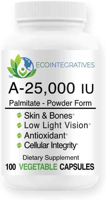 A-25.000 iu Palmitate Vegan, Forma della Polvere (100 capsule) Non OGM, Supporta Visione Bassa Luce, Supporto Immune, Integrità Cellulare di Skin & Bones, Antiossidante