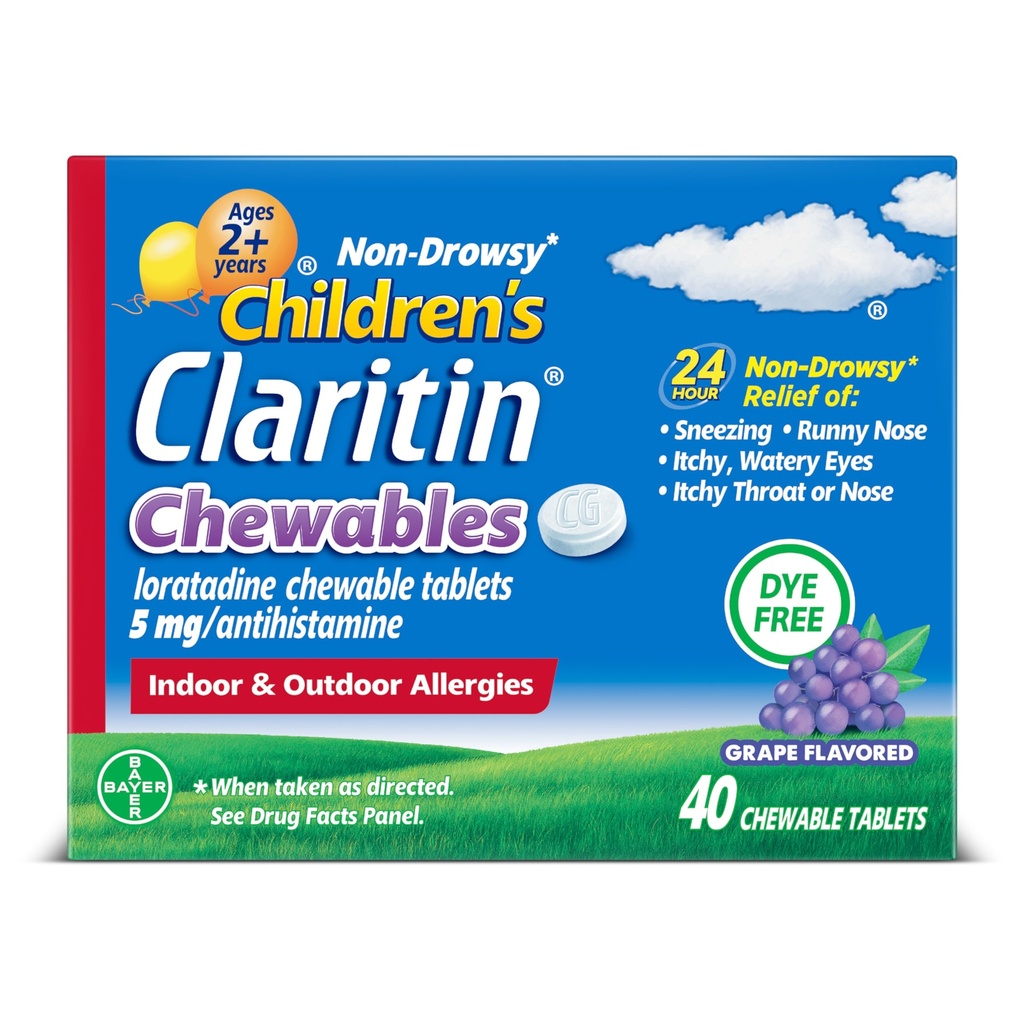 Claritin Medicina dell'allergia dei bambini, 24-Hour Non-Drowsy Loratadine 5mg Chewable Tablet, Antistamina per i bambini età 2 anni e più vecchio, Uva aromatizzata, 40 compresse
