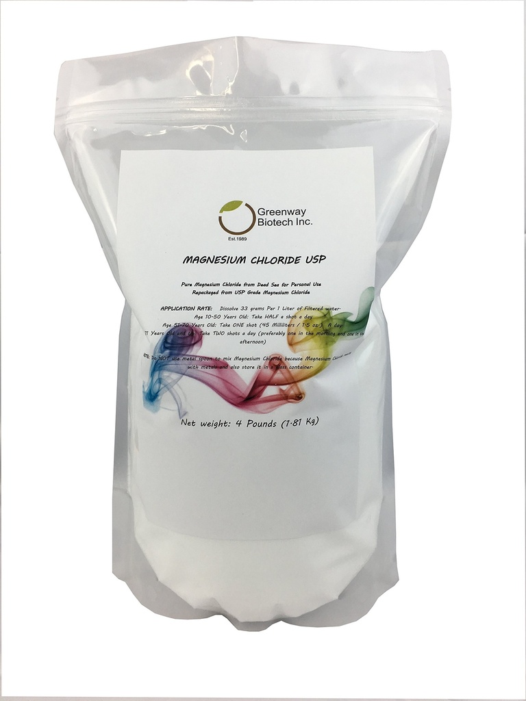 Greenway Biotech, Inc. Magnesio Cloruro de Magnesio Comestible Powder (Pharmaceutical Grade)- (4 Pounds)