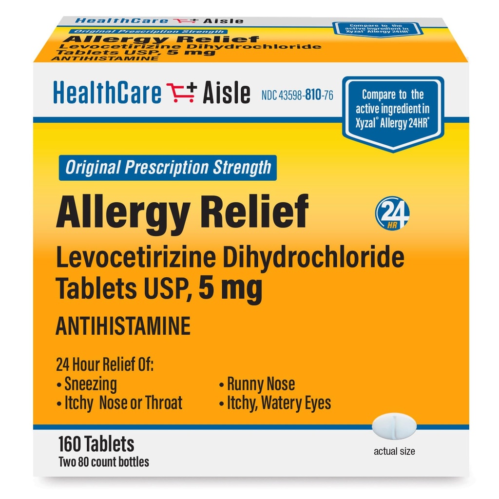 SaluteCareAisle Allergy Relief - Levocetirizine Dihydrochloride Tablets USP, 5 mg, 160 Compresse, Original Prescription Strength Allergy Medicine, 24-Hour Relief, 80 Count (Pack of 2)