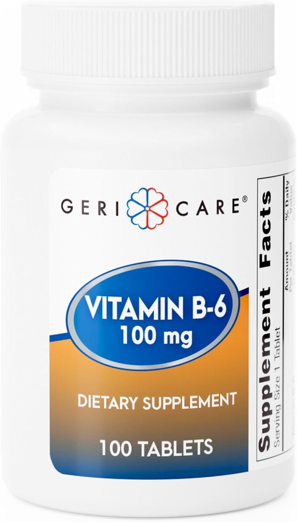 GeriCare Vitamina B-6 100mg, 100 compresse – Supporto nutrizionale giornaliero per la funzione sana del cervello, miglioramento dell'umore, salute circolatoria e metabolismo – aiuta a combattere la fatica e promuove il benessere generale