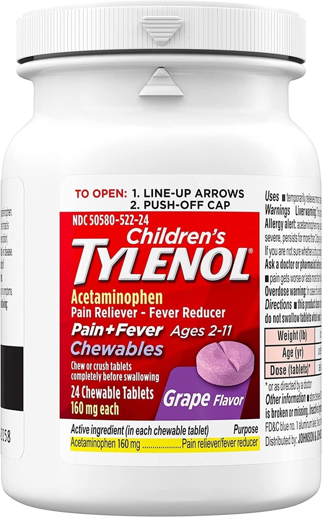Dolore per bambini Tylenol Plus Fever, Uva, 24 compresse da masticare (Pack of 2)