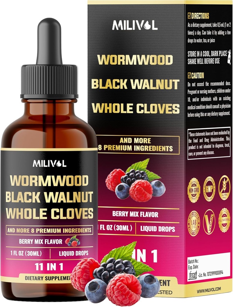 11in1 Black Walnut Wormwood Tincture Extract with Whole Cloves, Berberine and 8 More - 2 Mesi di alimentazione - 1 Fl Oz - Berry Mix Flavor