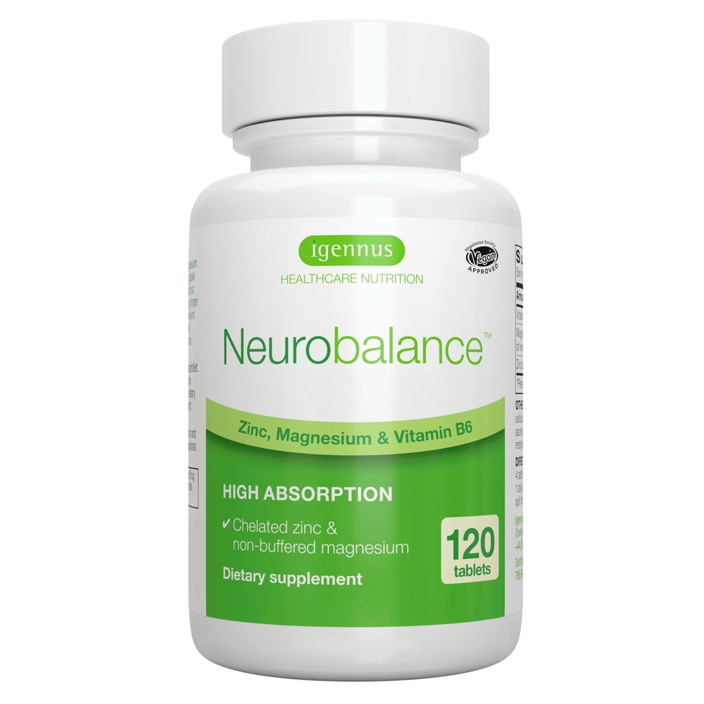 Igennus Neurobalance Zinc Magnesium & B6 Complex Formulato per il supporto cognitivo, Focus Calma & Relax, 120 Piccole Tablet, Zinco ad alto assorbimento e Magnesio reagito, Vegan, Non OGM
