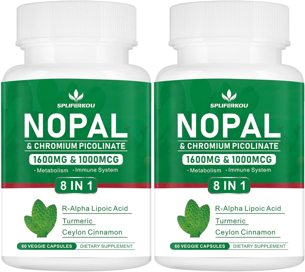 Super Nopal 1600mg, Prickly Pear Supplement con acido lipoico R-Alpha, currico, 120 capsule (60 Serve)