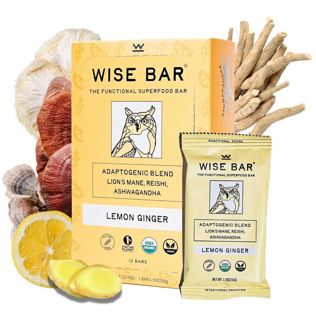 Bar Adaptogen Mushroom Nutrition Bars with Reishi, Lions Mane & Ashwagandha, Organic Vegan & Gluten Snacks gratuiti per Focus naturale, Energy & Immunity Support, Lemon Ginger Flavor, 12 Count