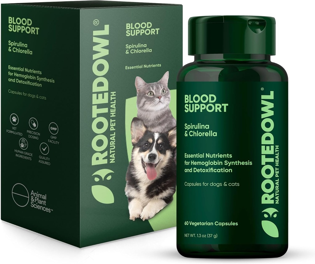 Supporto di sangue di gufo radicato - Immunità, Recupero e Supplemento di ferro per cani e gatti - Supporto di anemia con Spirulina e clorella - 60 /ct capsule vegane