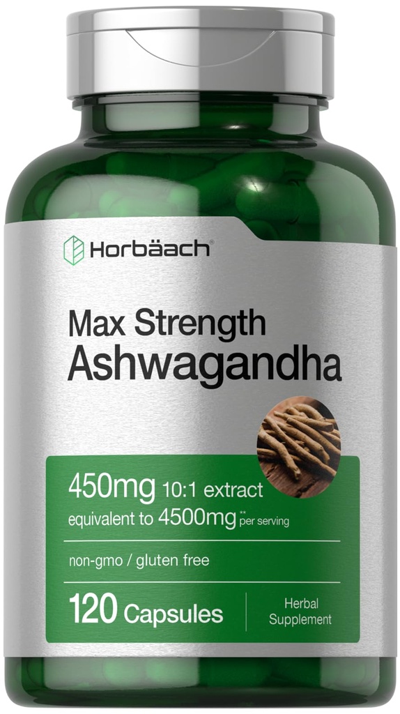 Horbäach Ashwagandha Supplemento | Max Strength | 120 capsule | Non OGM, Gluten Free