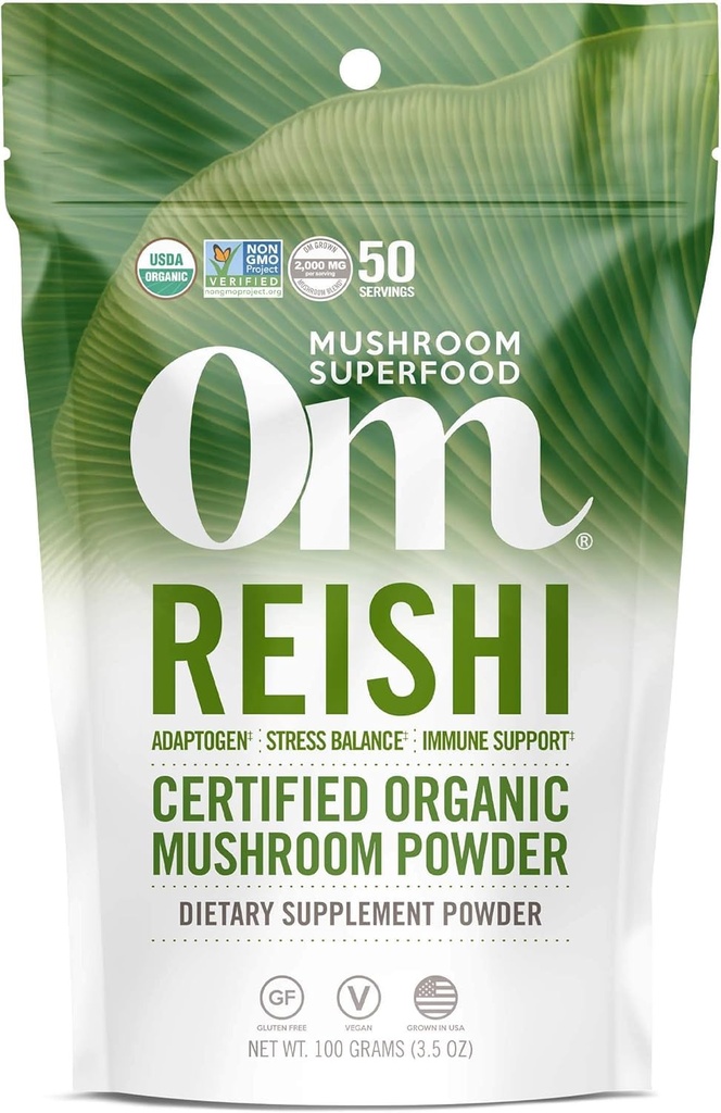 OM MUSHROOM SUPERFOOD Reishi polvere di funghi organici, 3.5 oncia, 50 porzioni, adaptogen, supporto di stress e immune, supplemento di funghi superfood