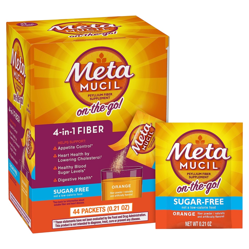 Metamucil On-the-Go Packets, Sugar-Free, 44 Packets, 4-in-1 Psyllium Husk Fiber Supplement, Arancione aromatizzato, Serve individuali Grande per il viaggio, Fibra Supplemento per la salute e la regolarità digestiva