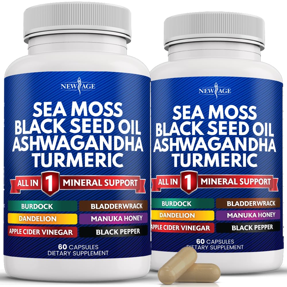 NUOVO AGE Sea Moss Capsule Black Seed Oil Ashwagandha Turmeric Bladderwrack Burdock - con Manuka, Honey Dandelion, ACV Black Pepper Gluten Free