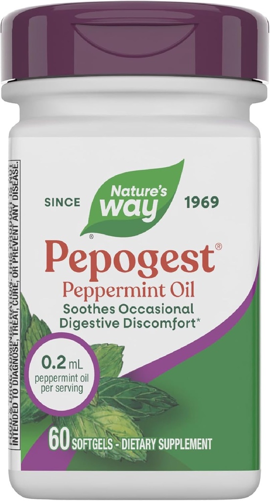 Via della natura Pepogest Peppermint olio, Soothes occasionalal Gastrointestinal Discomfort*, Enteric Coated Peppermint Oil Softgels, 60 Softgels (Packaging May Vary)