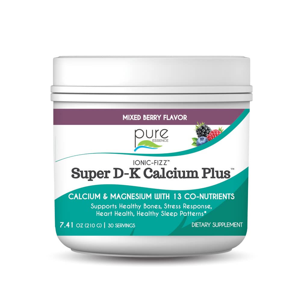 Ionic Fizz Super D-K Calcium Plus di Pura Essence - con Magnesio Extra, Vitamina D3, Vitamina K2 per Forte Bones e Supporto Stress - Bacca Mista - 7.41oz