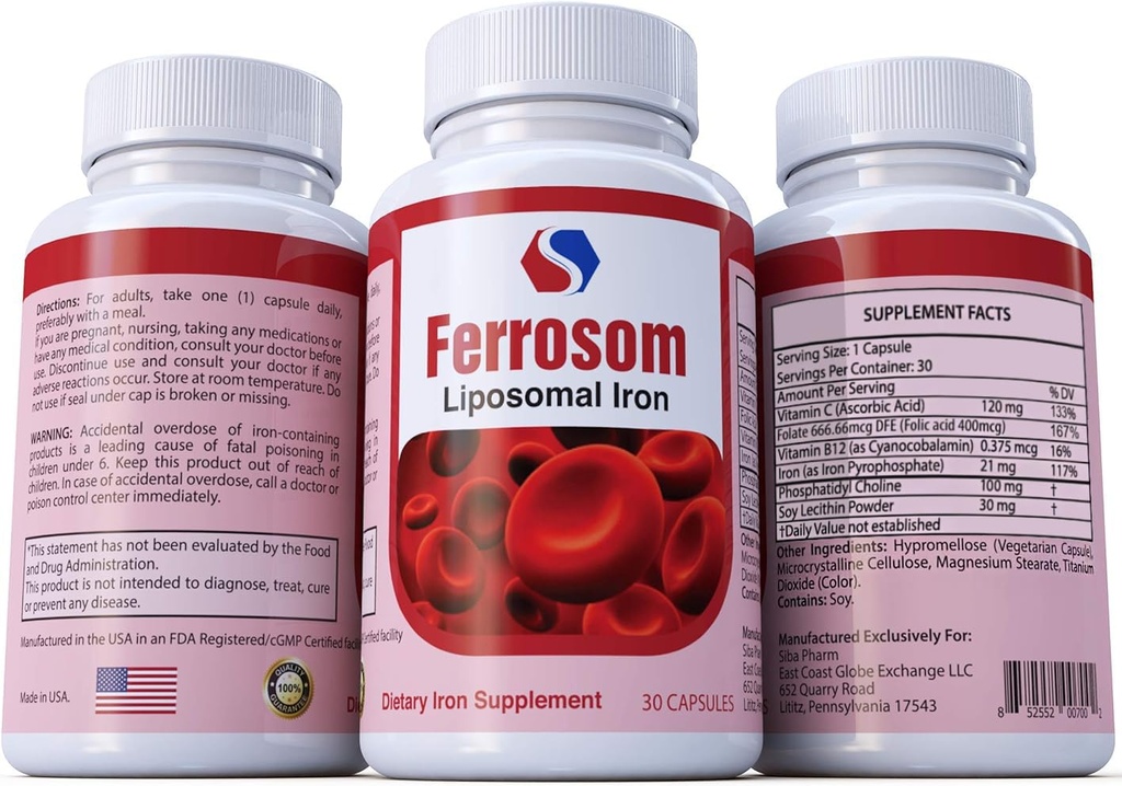 Integratori di ferro Liposomico di Siba Pharm | Ferrosom Dietry Iron Vitamins Supplemento | Ricco di vitamina C, B12, acido folico| Non OGM, Vegan, Premium Quality| Aiuta la nuova produzione di globuli rossi | 30 capsule