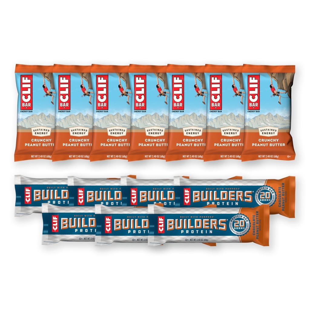 CLIF BAR e CLIF Builders - Variety Pack - Burro di arachidi croccanti e burro di arachidi al cioccolato - Barre energetiche e barre di proteine - Non OGM - Plant Based - 2.4 oz. (14 Conteggio)
