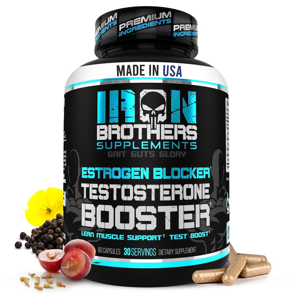 Iron Brothers Supplements Testosterone Booster per gli uomini con blocco di estrogeni - integratori alimentari anti-estrogeni - semi di uva & Tribulus Terrestris – Confezione di 60 capsule – aumento della crescita muscolare - 30 giorni