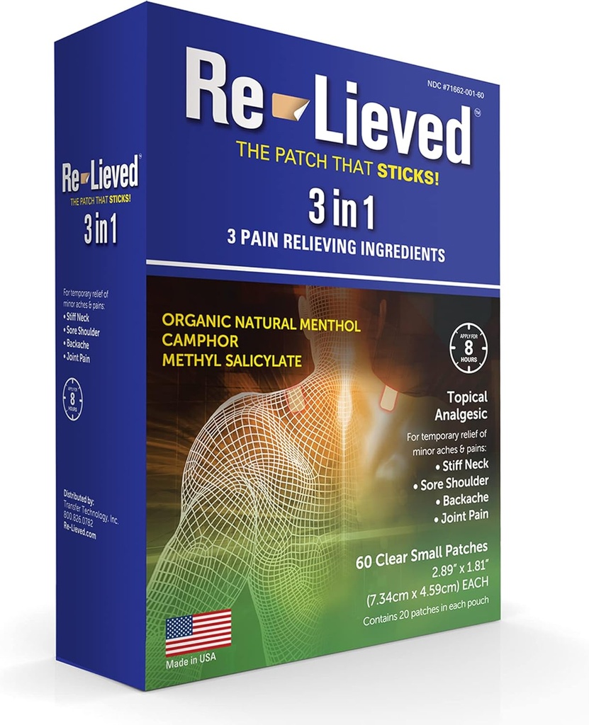 Re-lieved 3 in-1 Patches — Mentolo naturale organico, Salicilato di Camphor e dimetil — Patch di vernice superiore — senza alluminio, resistente all'acqua e USA Made — 60 Conte