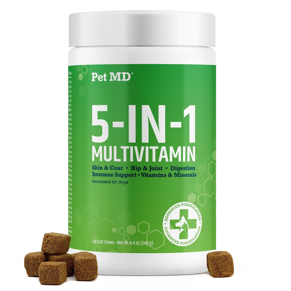 Pet MD 5in1 Cane Multivitamina - 30 Vitamine essenziali, Minerali e nutrienti per pelle e cappotto, Hip & Joint, Digestione, Senior Dog & Puppy Vitamins - Glucosamine, Omega 3 6 9, & Probiotics - 60ct