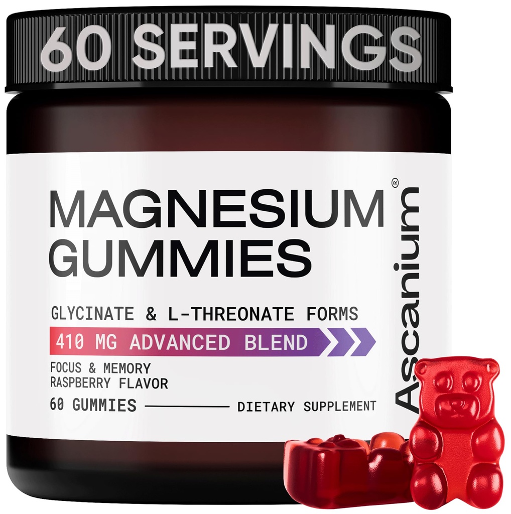 Magnesio Gummies - 410mg di Magnesio Elementale Glycinate & L-Threonate Supplement Complex - Vegan Magnesium Glycinate Gummies per calma l'umore, il muscolo e il supporto cardiaco - Masticabile Magnesio Gummy 60 pz