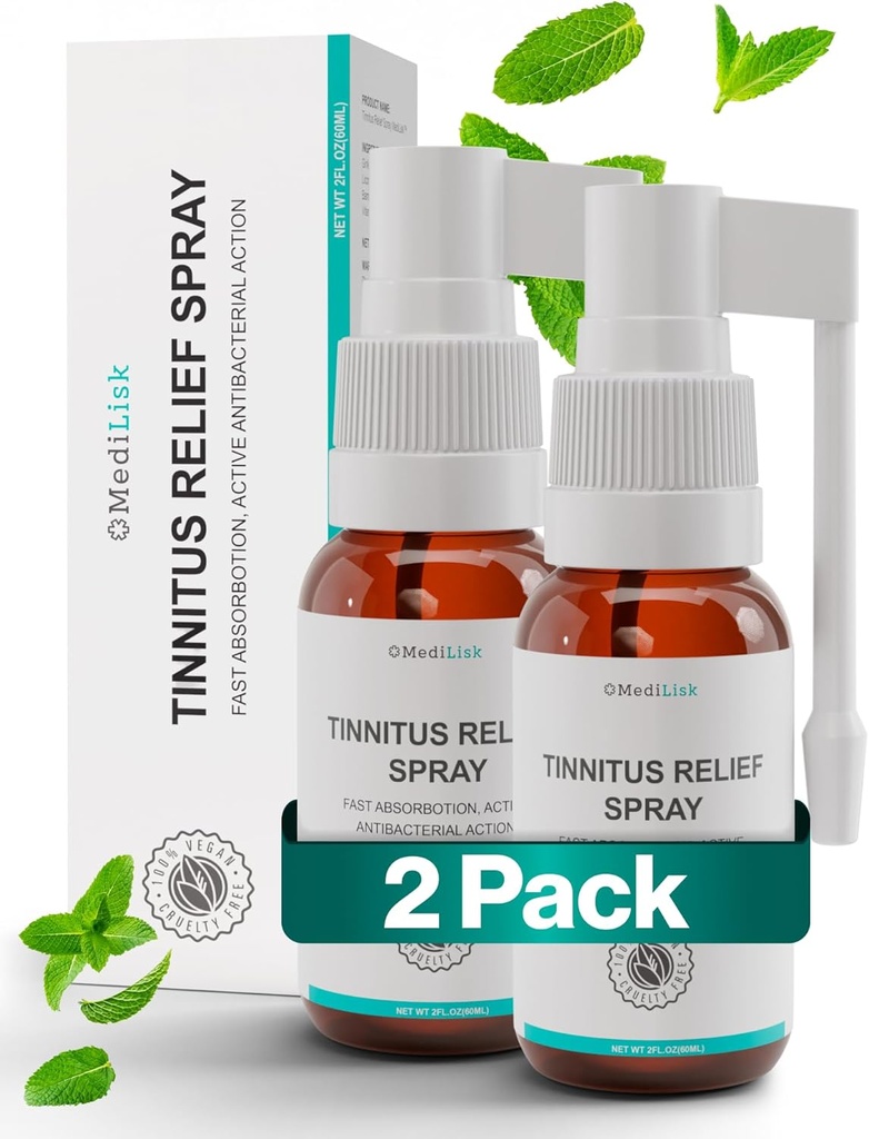 Medilisk Tinnitus Relief Spray – Supporta il sollievo di anelli per le orecchie – Prodotti per la cura dell'orecchio – Prevenzione di trattamenti di acufene – Non steroidei & Ipoallergenico – 1 Fl Oz – Confezione di 2
