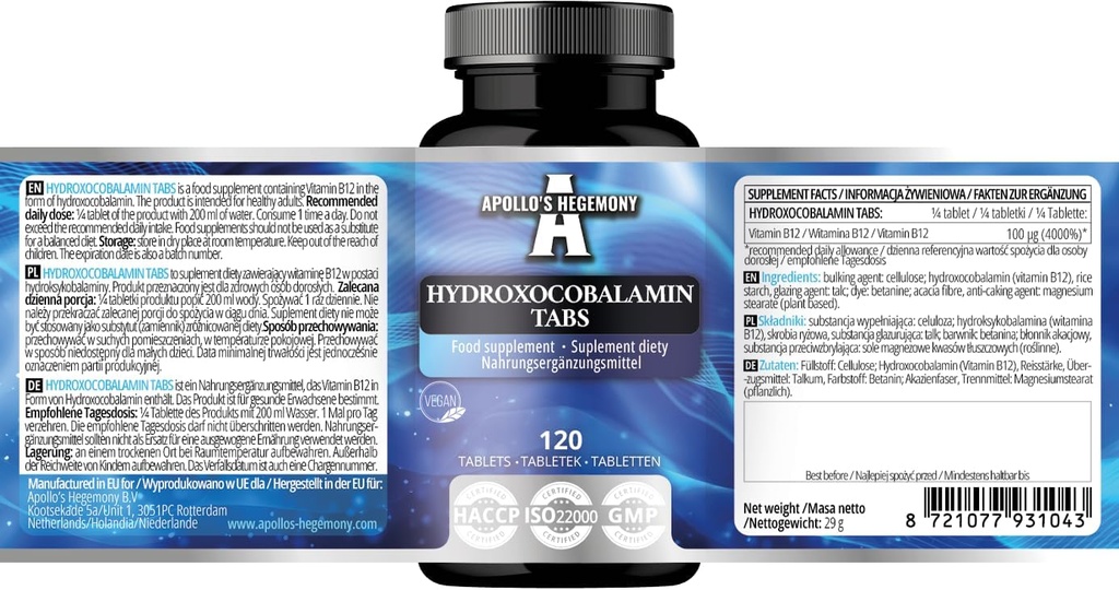 Hydroxocobalamin 100 μg per Serving - Vitamina B12-120 Compresse Vegane - 480 Serve - Supporta il Sistema Nervoso e riduce la Fatica - Integratore alimentare dell'Egemonia di Apollo