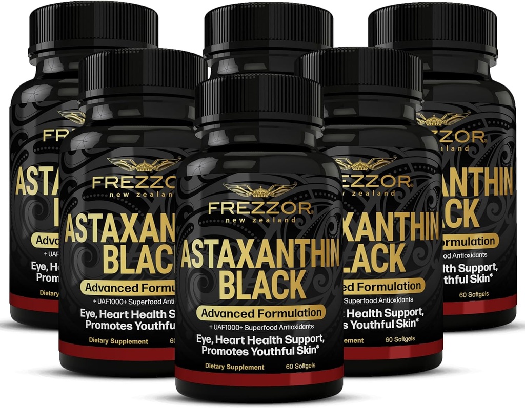 FREZZOR Astaxanthin nero con UAF1000+ Super Antiossidante, Supporta il cuore, Eye & Brain Health, Anti-invecchiamento Skincare & Cellular Protection, 12mg Astaxanthin per Serve, 360 Softgels, 6 mesi di fornitura