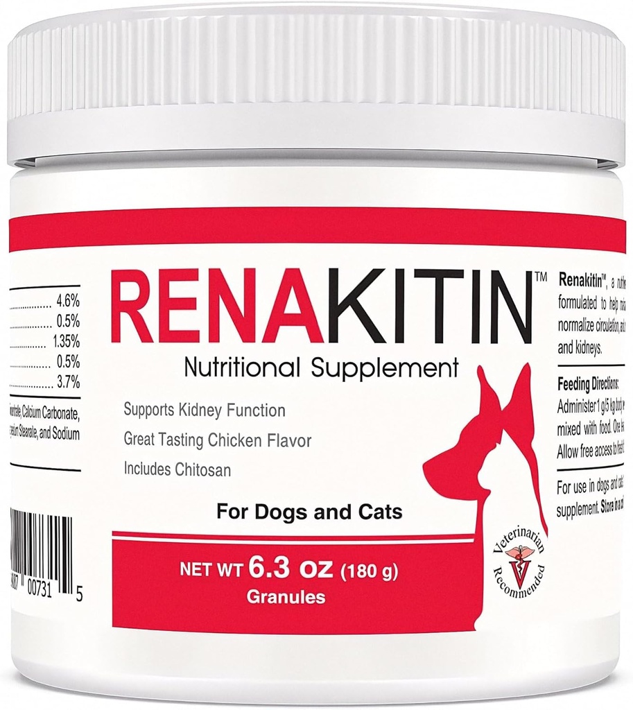 Renakitin Kidney Integratori per Cani Gatti - Contiene carbonato di Chitosan & Calcium, Funzione ottimale del rene, Grande sapore di pollo, 6.3 oz