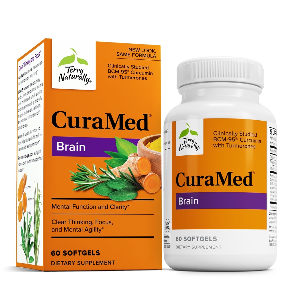 Terry Naturally CuraMed Brain - Integratore alimentare per il supporto Clarity & Focus - Integratore di salute del cervello con Curcumin & Turmeric Olio essenziale per la concentrazione degli aiuti - 60 Softgels