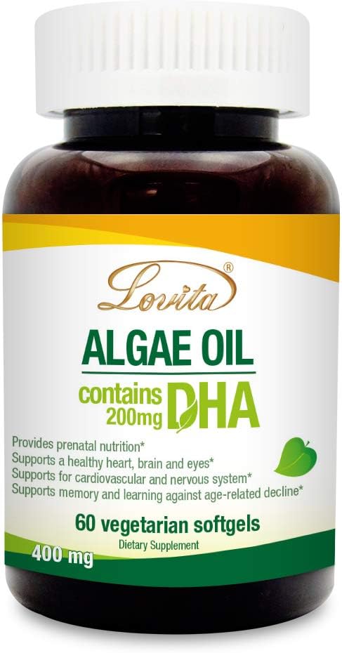 Olio di Alghe di Lovita, DHA a base vegetale alternativa all'olio di pesce, Vegan Omega 3 con DHA 200 mg, 60 Softgel vegetariani