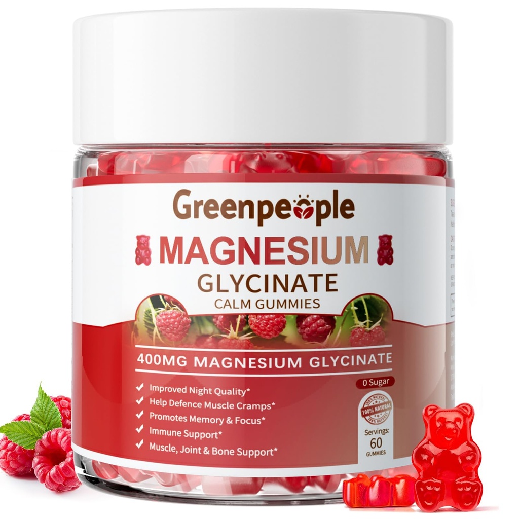 GREENPEOPLE Magnesio Glycinate Gummies 400mg - Zucchero Gratuito Magnesio Supplemento di Potassio con Magnesio Malato, Vitamina D, B6, e CoQ10 per il supporto e il sonno calmi per gli adulti - Gummie di lampone