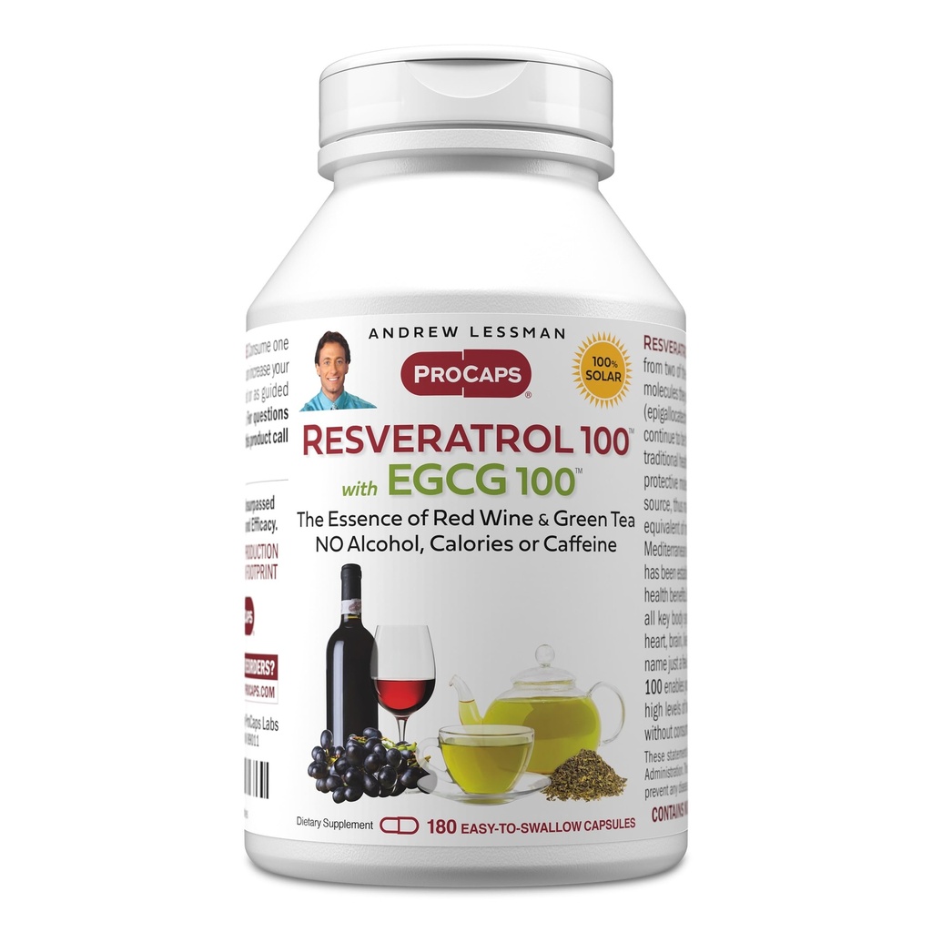 ANDREW LESSMAN Resveratrolo-100 EGCG 100mg - 180 capsule - due antiossidanti, senza alcol o caffeina.