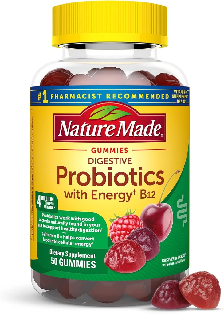 Probiotici digestivi e energia B12 Gummies, Probiotici per donne e uomini, 50 Gummies Probiotici, 25 giorni di alimentazione