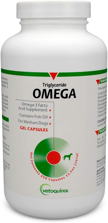 Vetoquinol Triglyceride Omega Dog Supplement Capsule, Medio-Breed: 30-60 libbre, 250ct