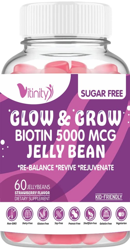 VITINITÀ Biotina 5000 Mcg Extra Forza Vegetariana (Vitamina B) Sostegni aggiuntivi senza zucchero Capelli e Pelle più sani - Donne & Uomini 60 Veggie Zucchero-Free Jelly Beans (30 giorni di alimentazione)