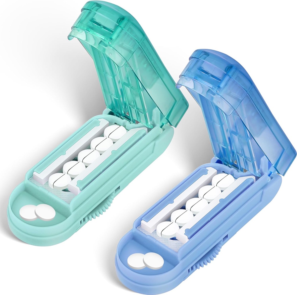 DUBSTAR 2PCS Pill Cutter Splitter for Small and Tiny Pills, Pillole multiple Cutters per piccole o grandi Pills, Splitter Pill regolabile con dispositivo di centraggio e protezione lama (Blue+Cyan)
