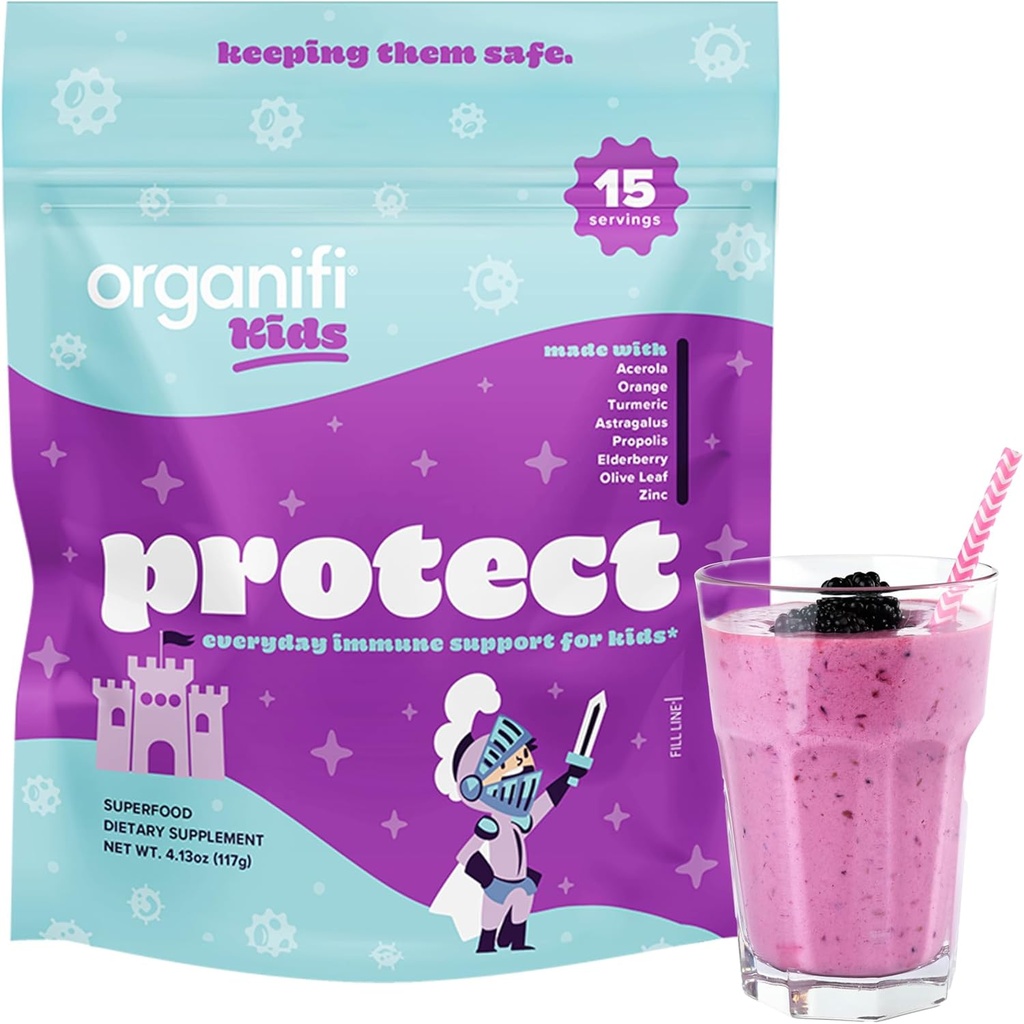 Organifi Kids: Proteggere - ogni giorno il supporto immunitario per i bambini con il mirtillo, la ciliegia di Acerola e lo zinco - polvere di immunità aromatizzata di bacche - pianta-basata, vegana e senza glutine, latticini o soia - 15 Servings