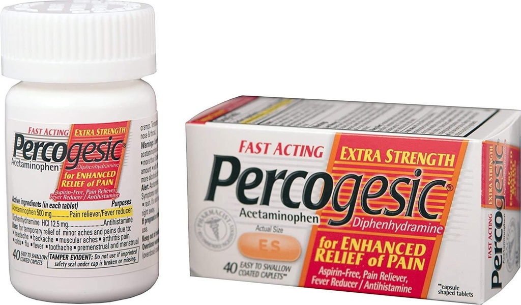 Aspirina percogesica Tablet di sollievo dal dolore libero, resistenza extra, acetaminofene e difenidramina, 40 ct (pacchetto di 1)