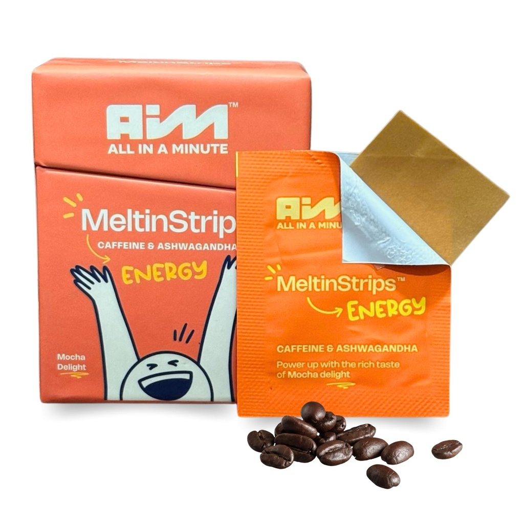 MeltinStripsTM Energy Strips con 40mg di caffeina, 20mg Ashwagandha & Vitamina B12 | Energia istantanea e messa a fuoco senza Jitters o Crash | Funziona più velocemente del caffè | Mocha Flavor - 30 strisce