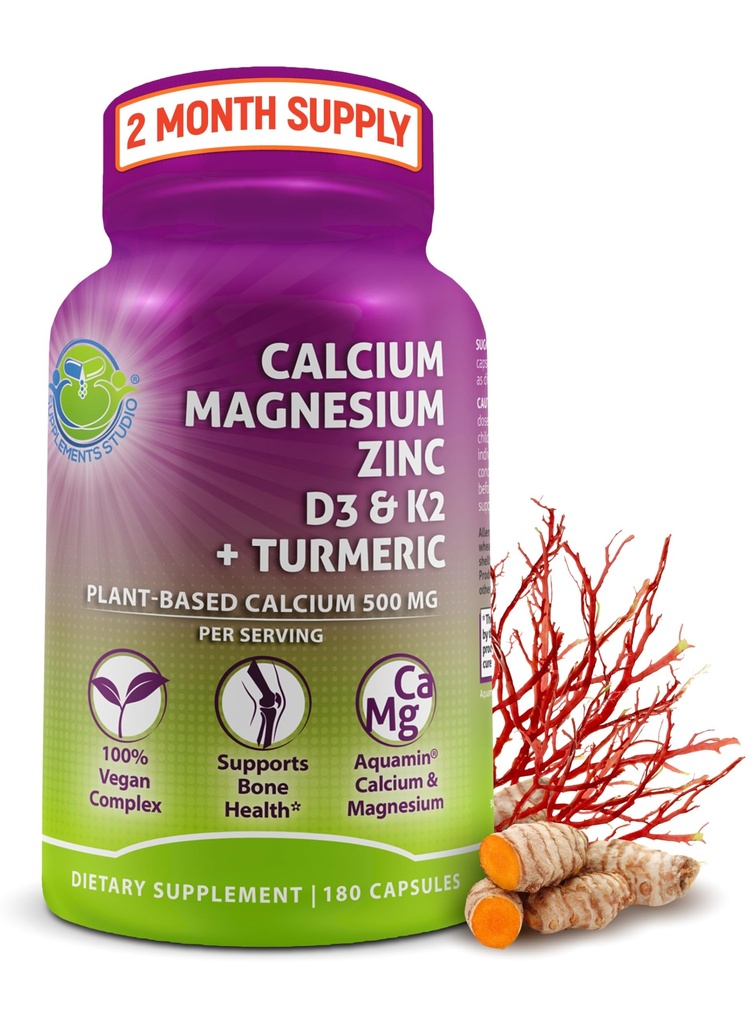 Calcio a base vegetale 500mg (Aquamina) – Vegan Calcium Magnesium Zinc D3 con vitamina K2 e curcuma organica – Miglioramento della salute e della forza muscolare, Supporto immunitario per le donne e gli uomini - 180 Conte
